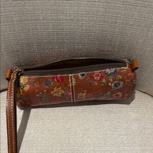 Floral Brown Leather Wristlet